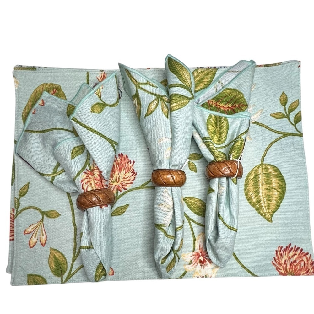 Set of 3 Blue Floral Placemats & Napkins /Brown Wooden Napkin Rings